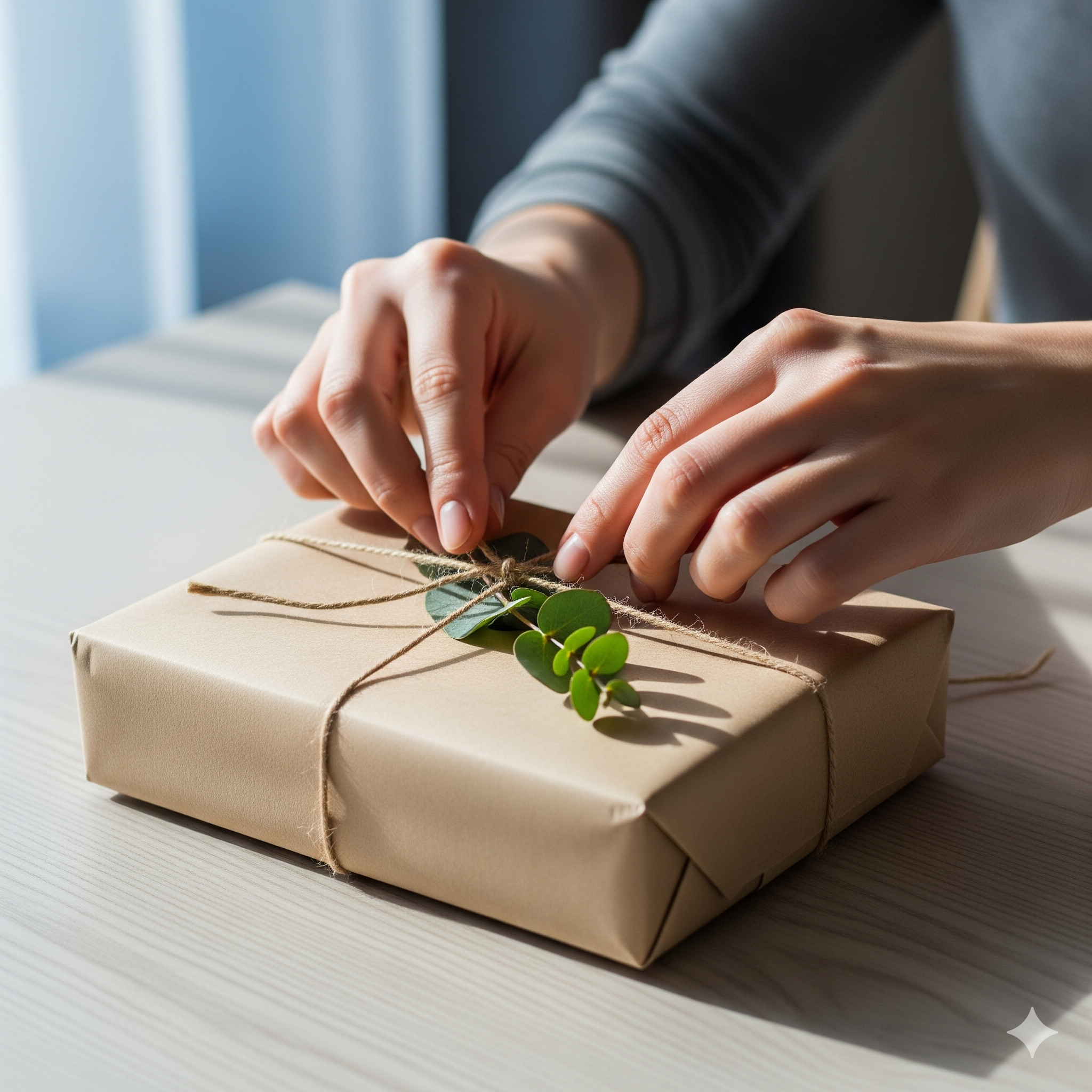 A beautifully wrapped gift with a sprig of eucalyptus.