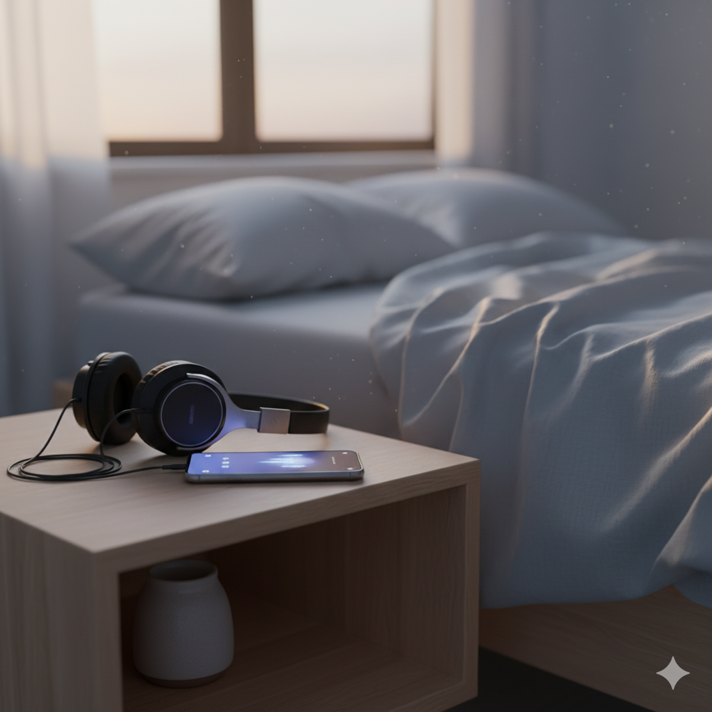 Headphones resting on a pillow, suggesting relaxing music for sleep.