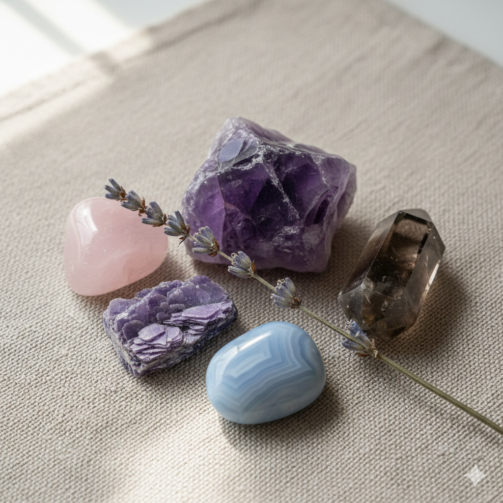 A collection of smooth, calming crystals on a neutral background.